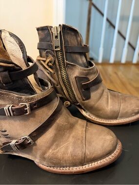 Freebird  Crue Grey and Brown Leather Ankle Booties with Strap & Side Zipper